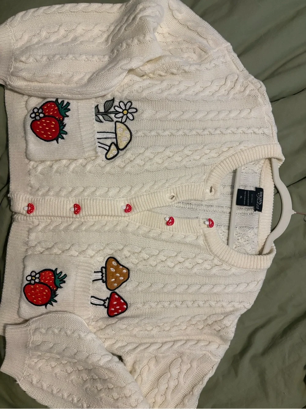 Cream Cable-Knit Cardigan with Strawberry & Mushroom Appliqués